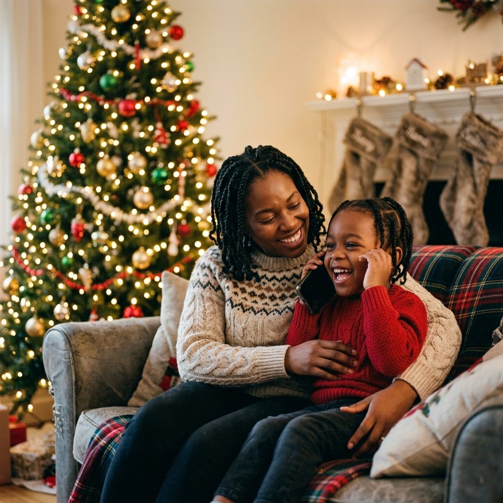 A child laughing on a call with Santa