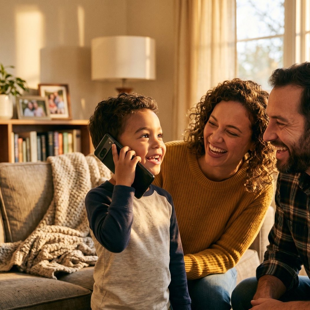 A mom and dad laughing alongside their child during a phone call at home